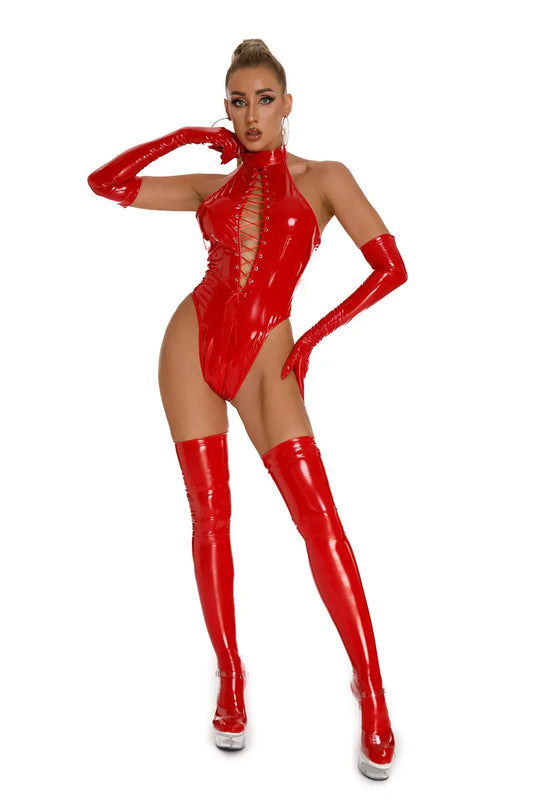 Womens Latex Catsuit Wet Look Lace-Up Body PVC Teddy Fetish Bodysuit Exotic Parties Night Club Wear Pole Dancing Full Set