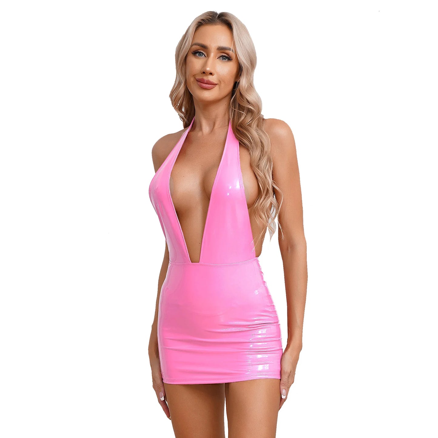 Womens Halter Plunging V Neck Backless Sexy Bodycon Dress Wet Look Patent Leather Bodycon Mini Dress Disco Rave Party Clubwear