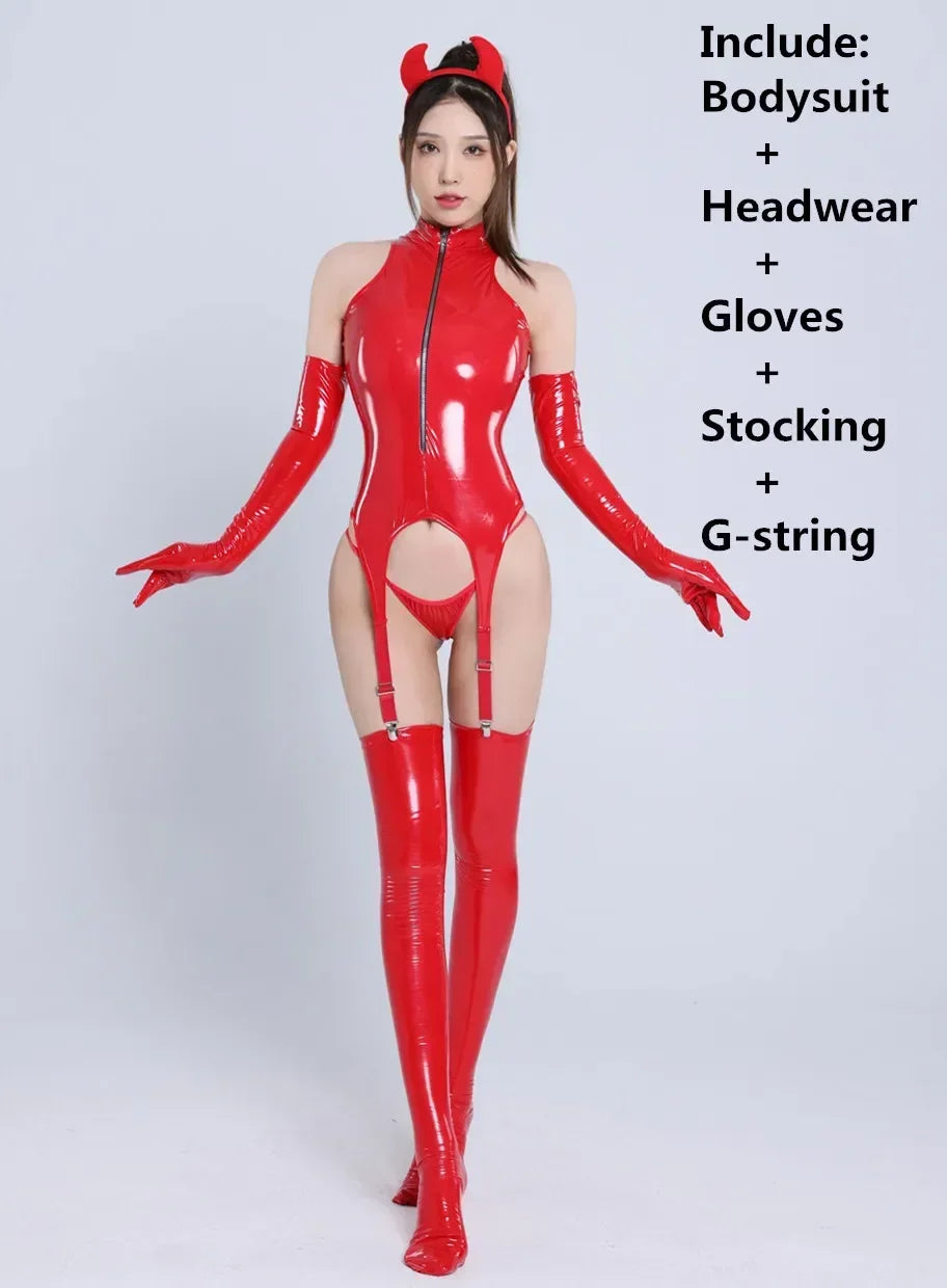 Womens Sexy Erotic Latex Leather Bodysuit Cupless Crotchless Teddy Leather Lingerie Latex Catsuit Fetish Teddies Costume