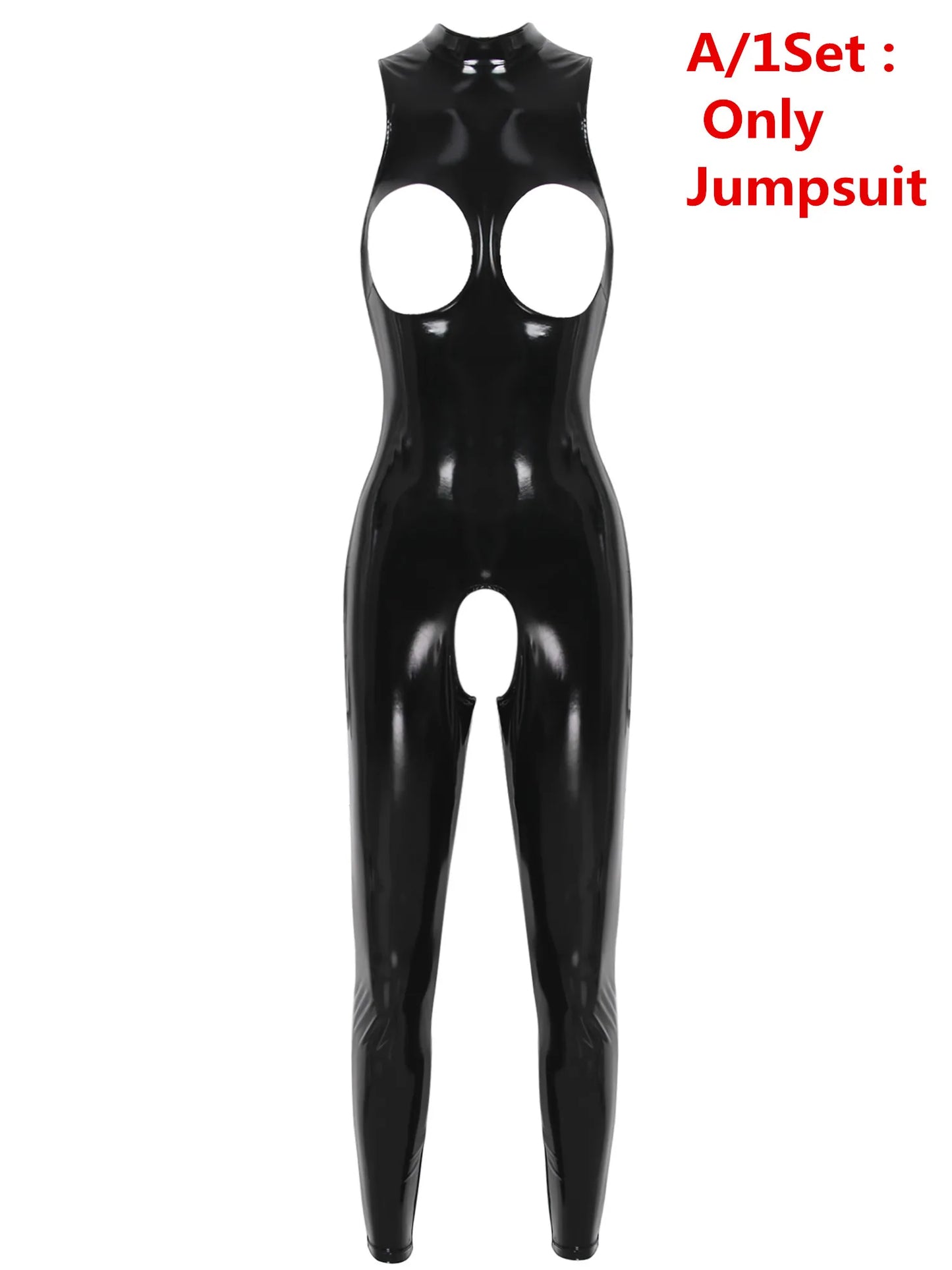 Sexy Hot Cat Woman Wetlook Faux Leather Catsuit PVC Latex Bodysuit Crotchless Clubwear Back Zipper Open Crotch Stretch Jumpsuits