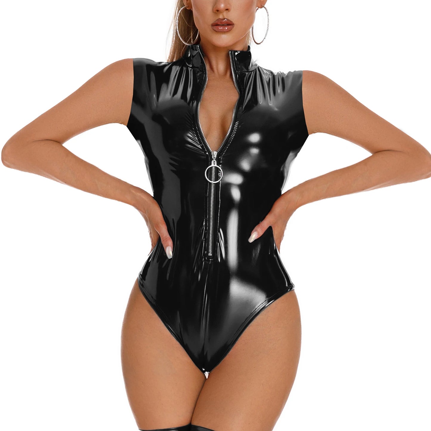 Wetlook Patent Leather Bodysuit – Long, Elbow & Sleeveless Styles