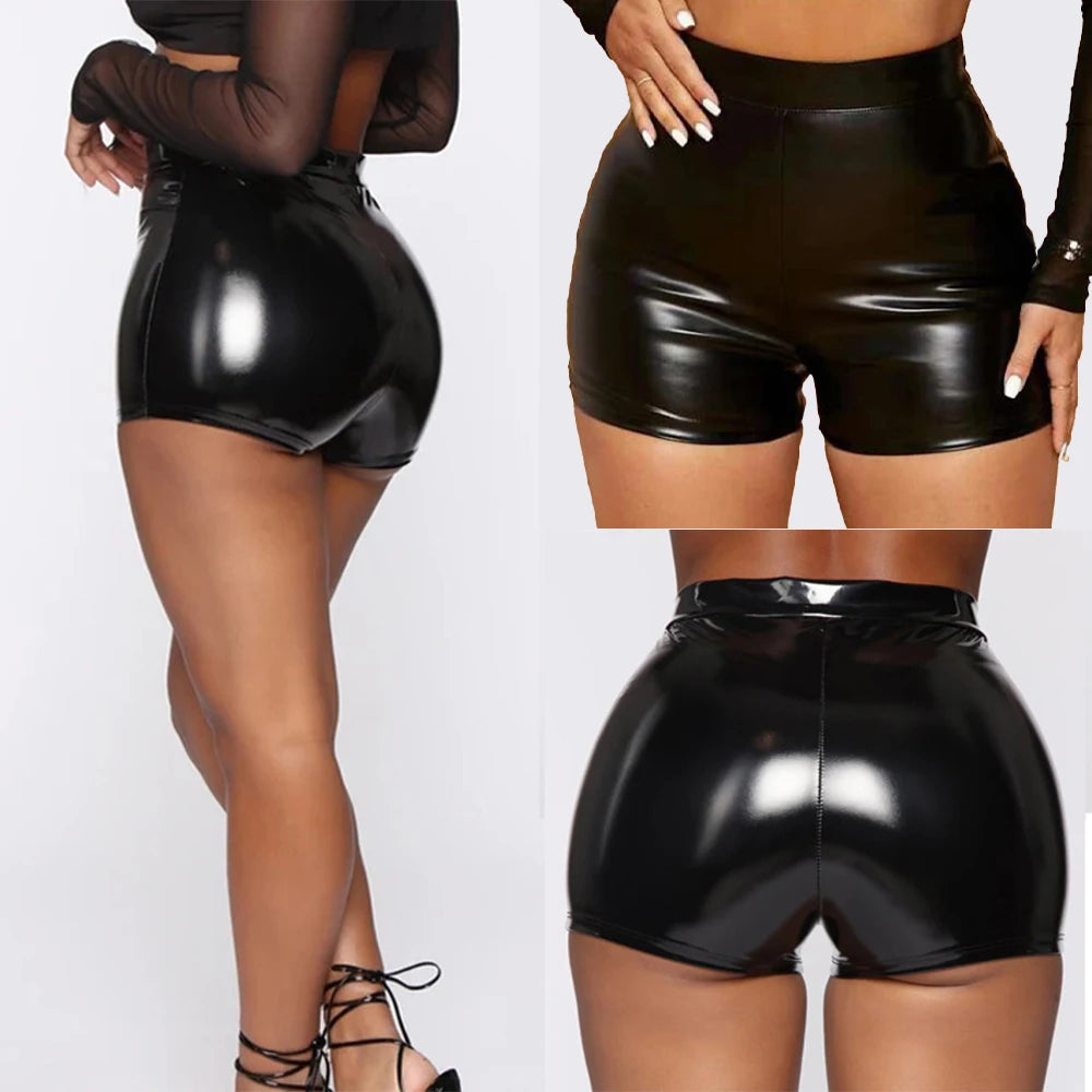 Women Wet Look Booty Shorts Patent Leather High Waist Mini Short Party