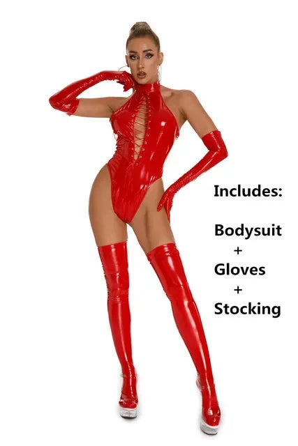 Womens Latex Catsuit Wet Look Lace-Up Body PVC Teddy Fetish Bodysuit Exotic Parties Night Club Wear Pole Dancing Full Set