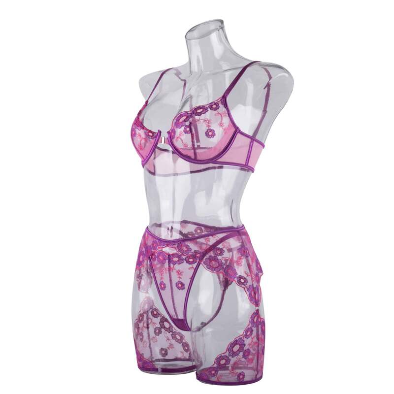 Sexy Transparent Three-Piece Underwear Set with Front Detachable Bra - Wholesale Lingerie Si
