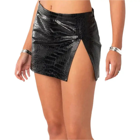 Women’s Black Croc-Embossed Leather Mini Skirt