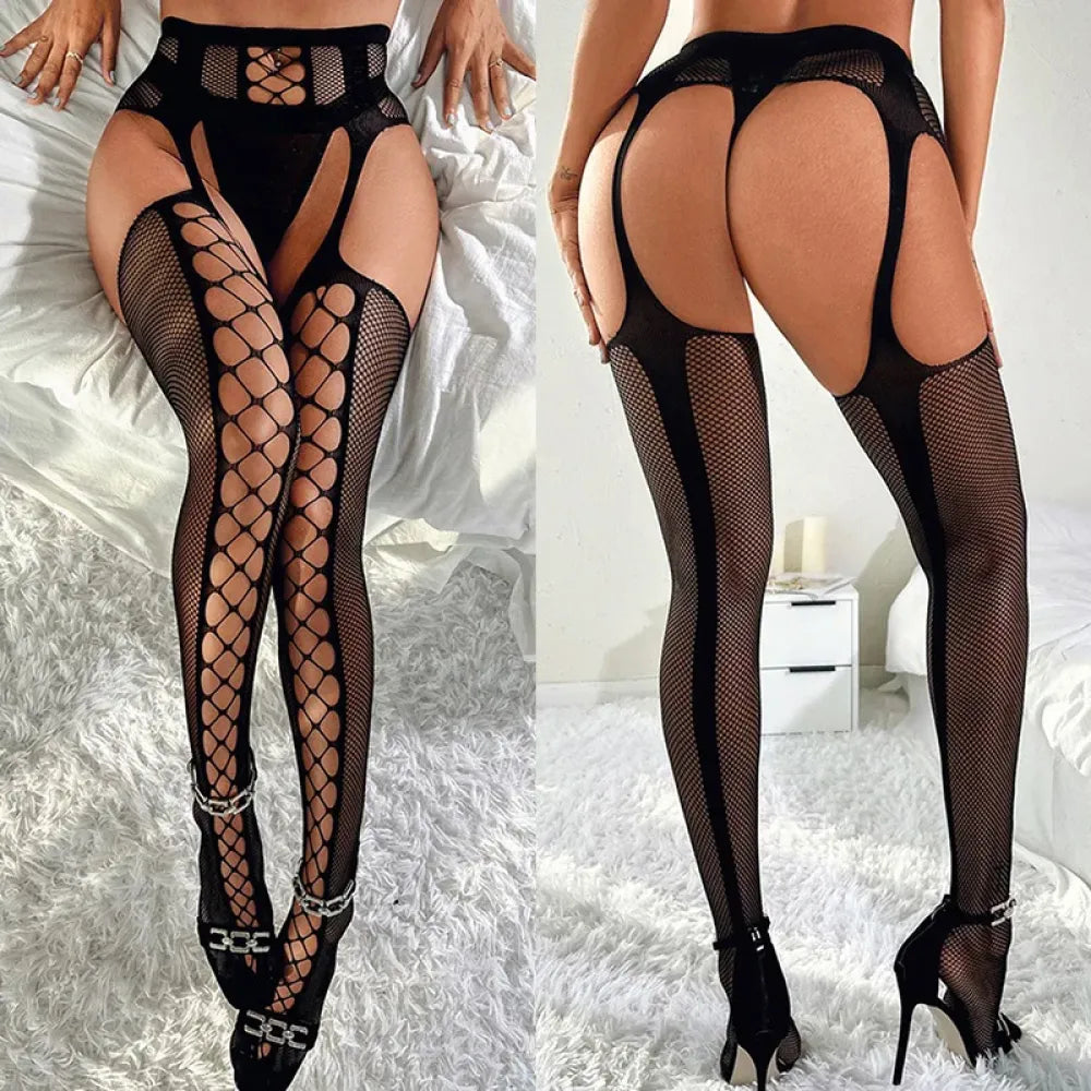 Lace Fishnet Bodysuit Belt Crotchless Stockings-3