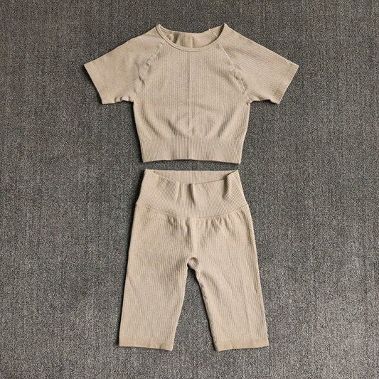 Seamless Yoga Set Women 2pcs Crop Top T-shirt High Waist Shorts Gym Clothes Sport Suit Workout Outfit Sport Wear