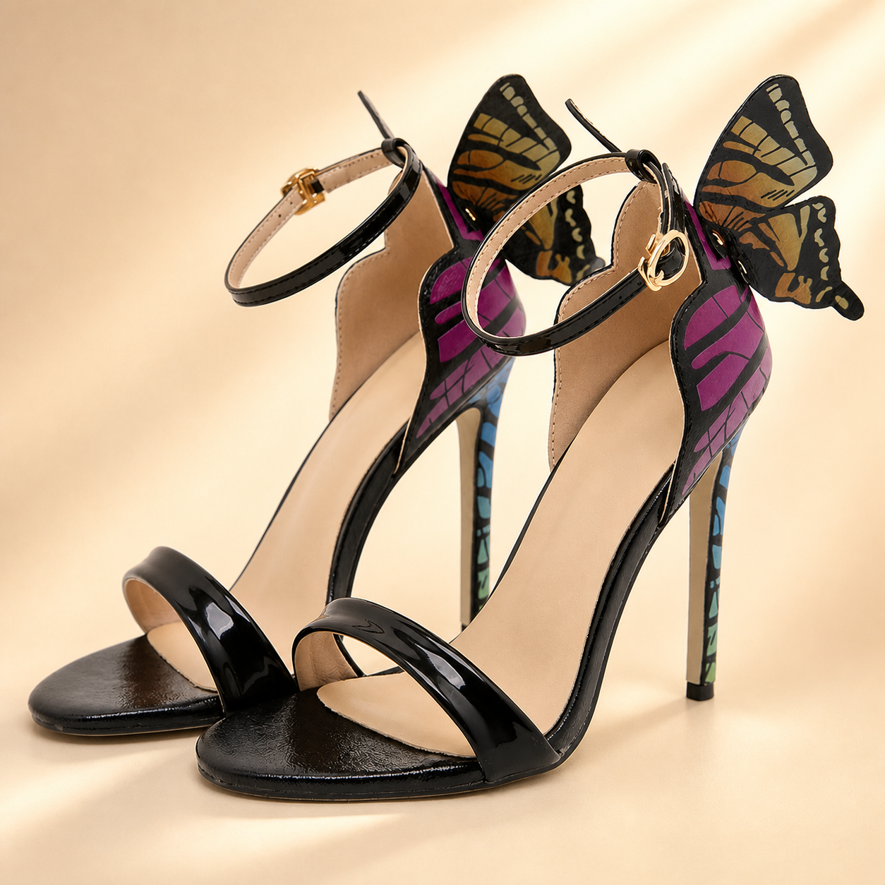 Butterfly Wing Stiletto Sandals – Black & Gold