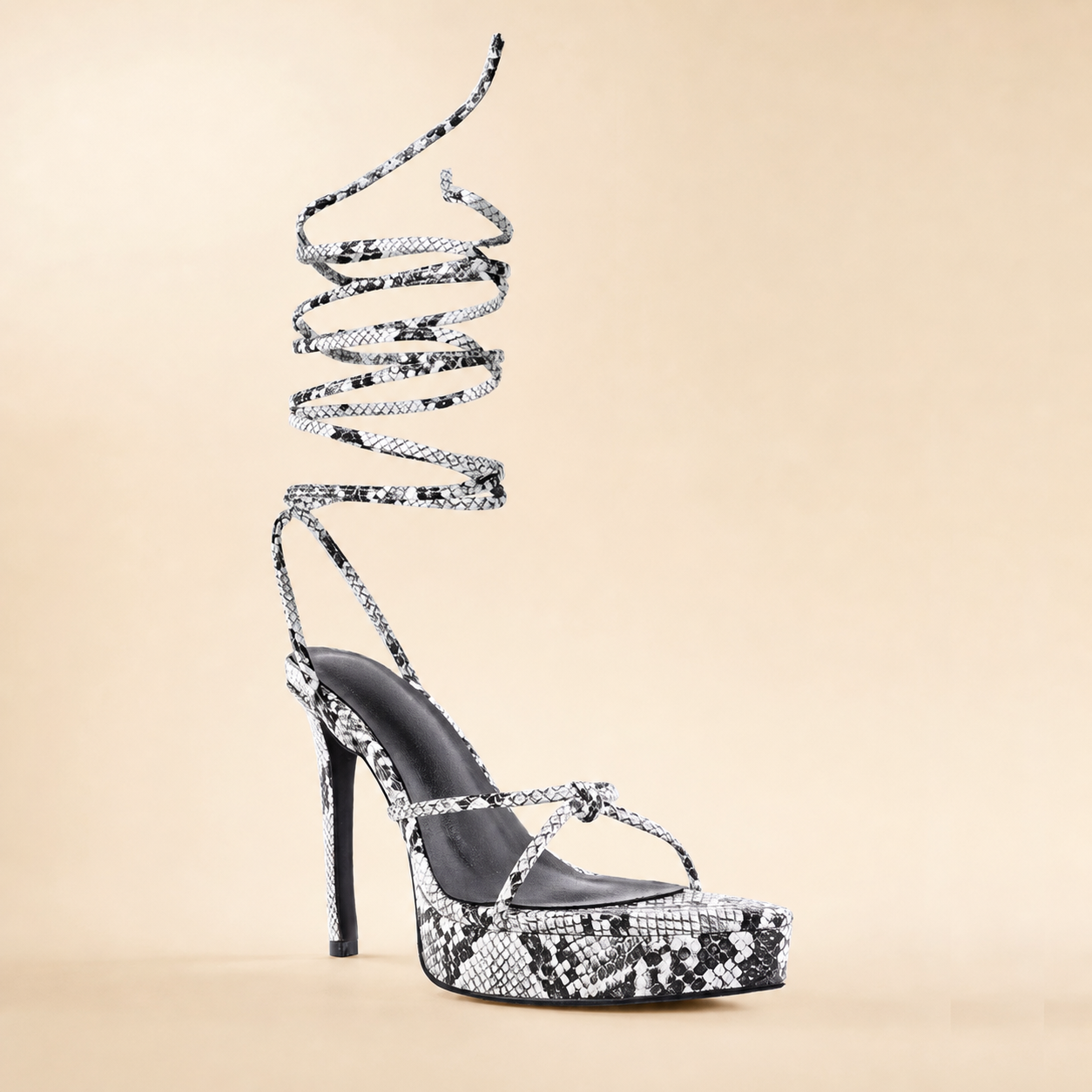 Snakeskin & Latte Lace-Up Platform Stilettos