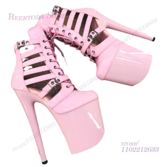 Pink Patent Leather Striped Hollow Mesh Sandals Girls Cute Light Color 20Cm Dance Heels Black Platform Stiletto Lace Zipper Shoe