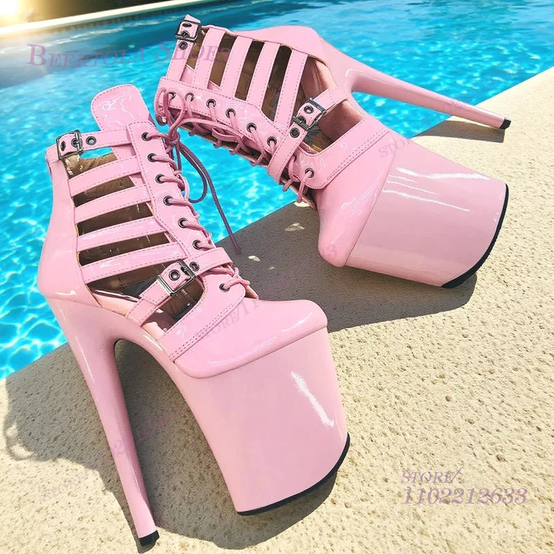 Pink Patent Leather Striped Hollow Mesh Sandals Girls Cute Light Color 20Cm Dance Heels Black Platform Stiletto Lace Zipper Shoe