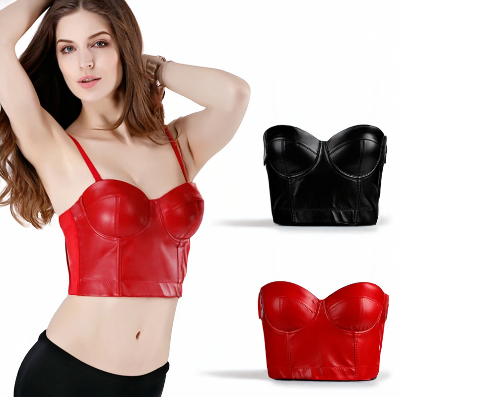 Wechery Women Leather Corset Top Crop Bustier Gothic Bra Push Up