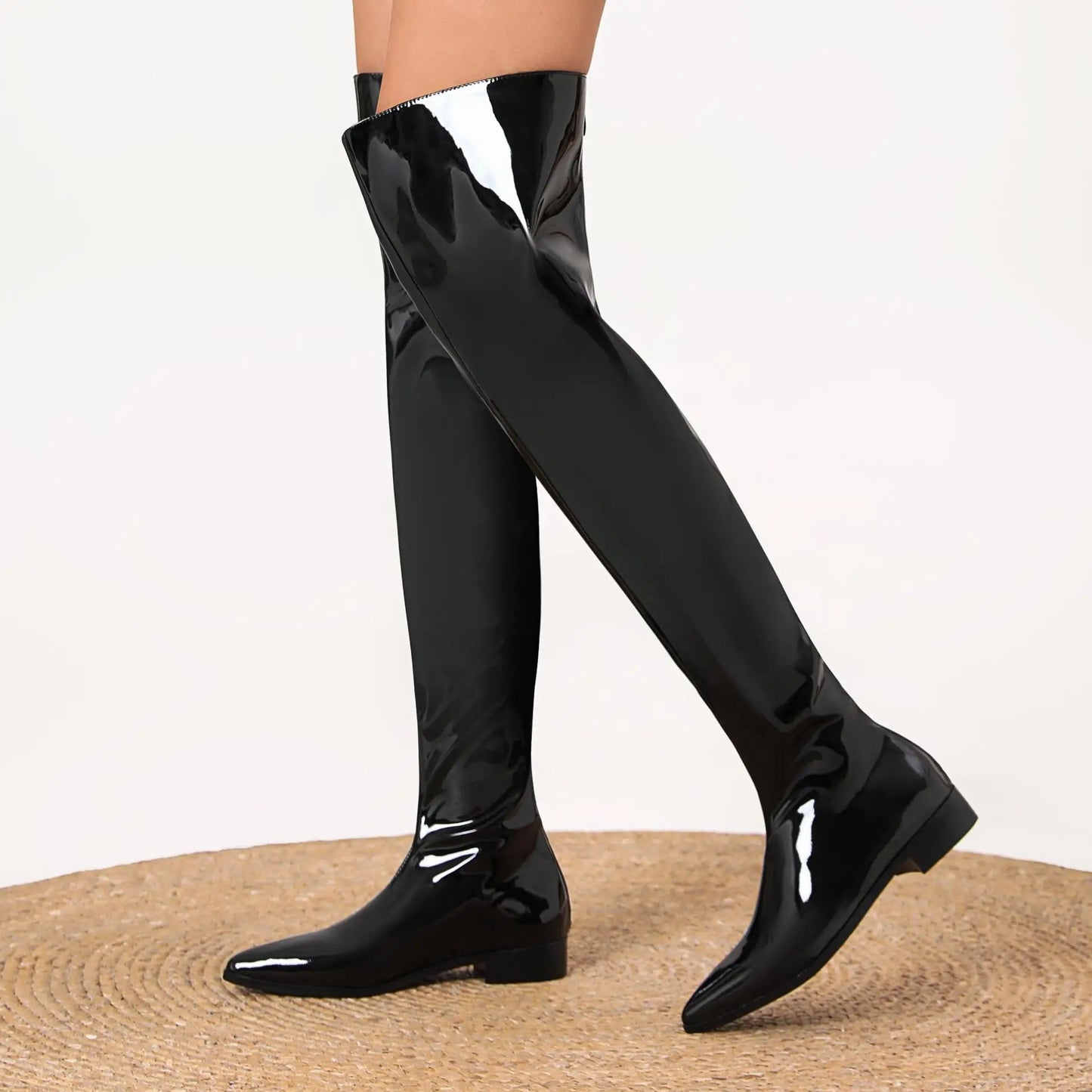 Women's Black Patent Leather Over The Knee Boots Fashionable Square Block Heel Boots with Sleek Fitted Design Glamorous Footwear