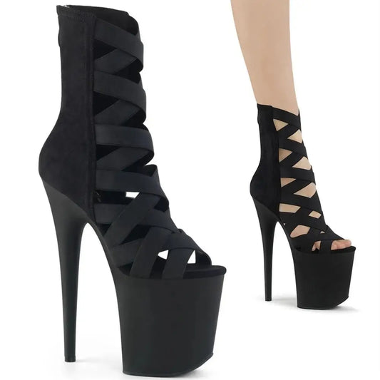 Cross-lacing upper 20 cm suede shoes, 8 inch model stiletto heels, zipper opening, night club pole dancing ankle boots