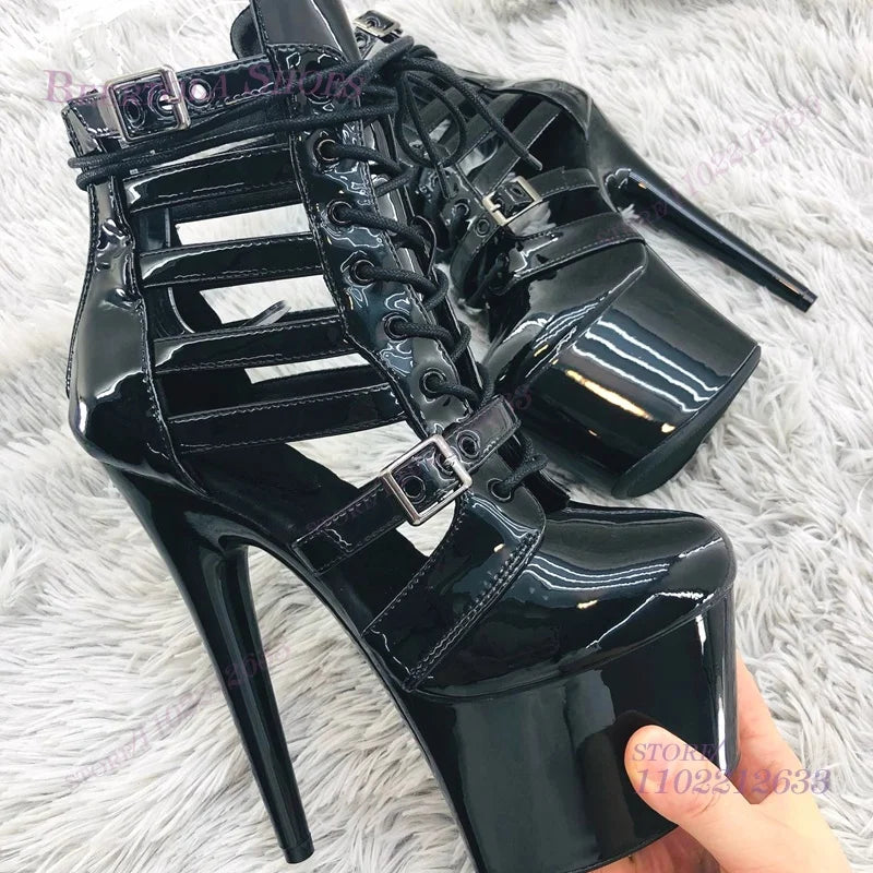 Pink Patent Leather Striped Hollow Mesh Sandals Girls Cute Light Color 20Cm Dance Heels Black Platform Stiletto Lace Zipper Shoe