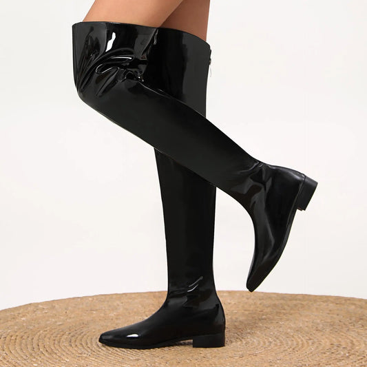 Women's Black Patent Leather Over The Knee Boots Fashionable Square Block Heel Boots with Sleek Fitted Design Glamorous Footwear