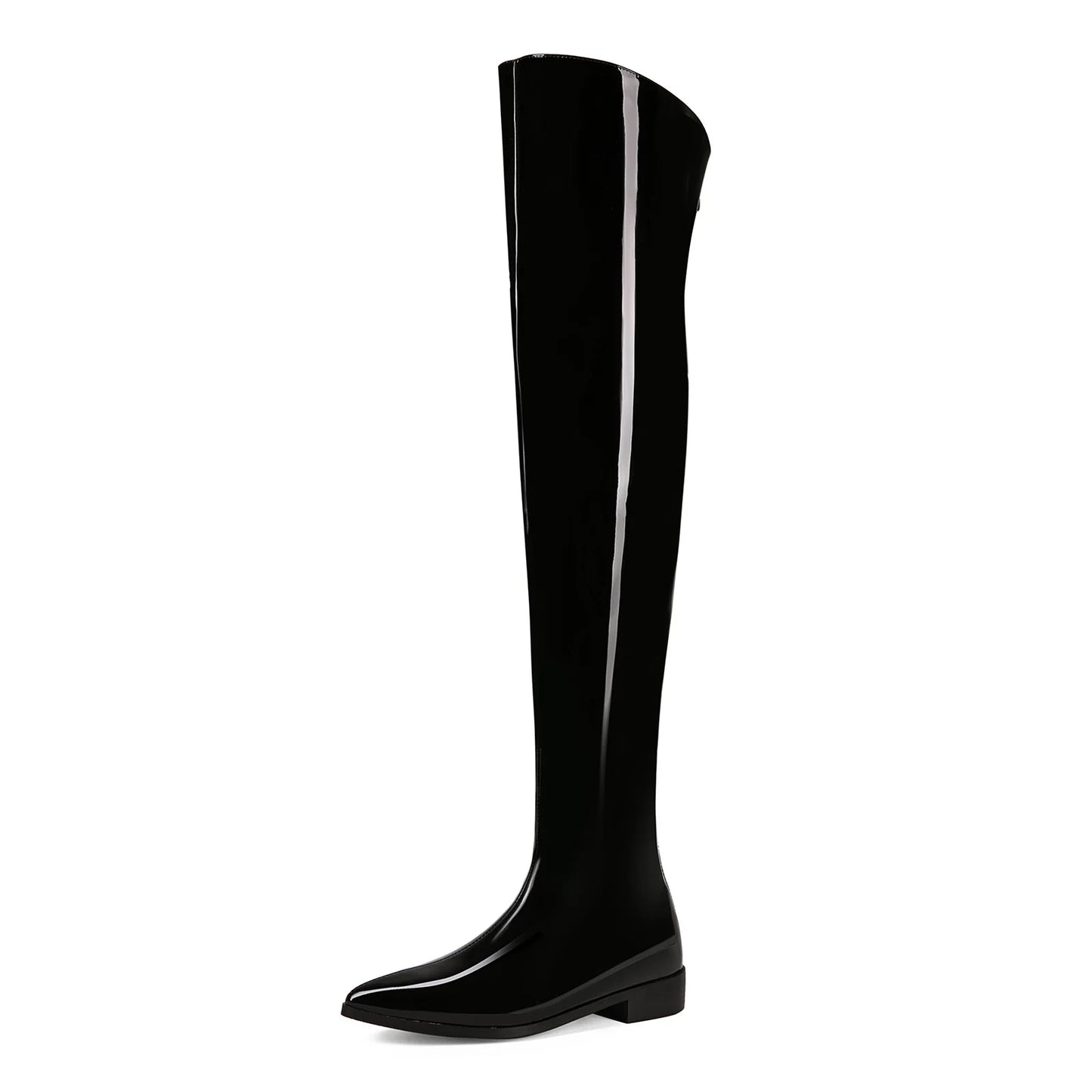 Women's Black Patent Leather Over The Knee Boots Fashionable Square Block Heel Boots with Sleek Fitted Design Glamorous Footwear
