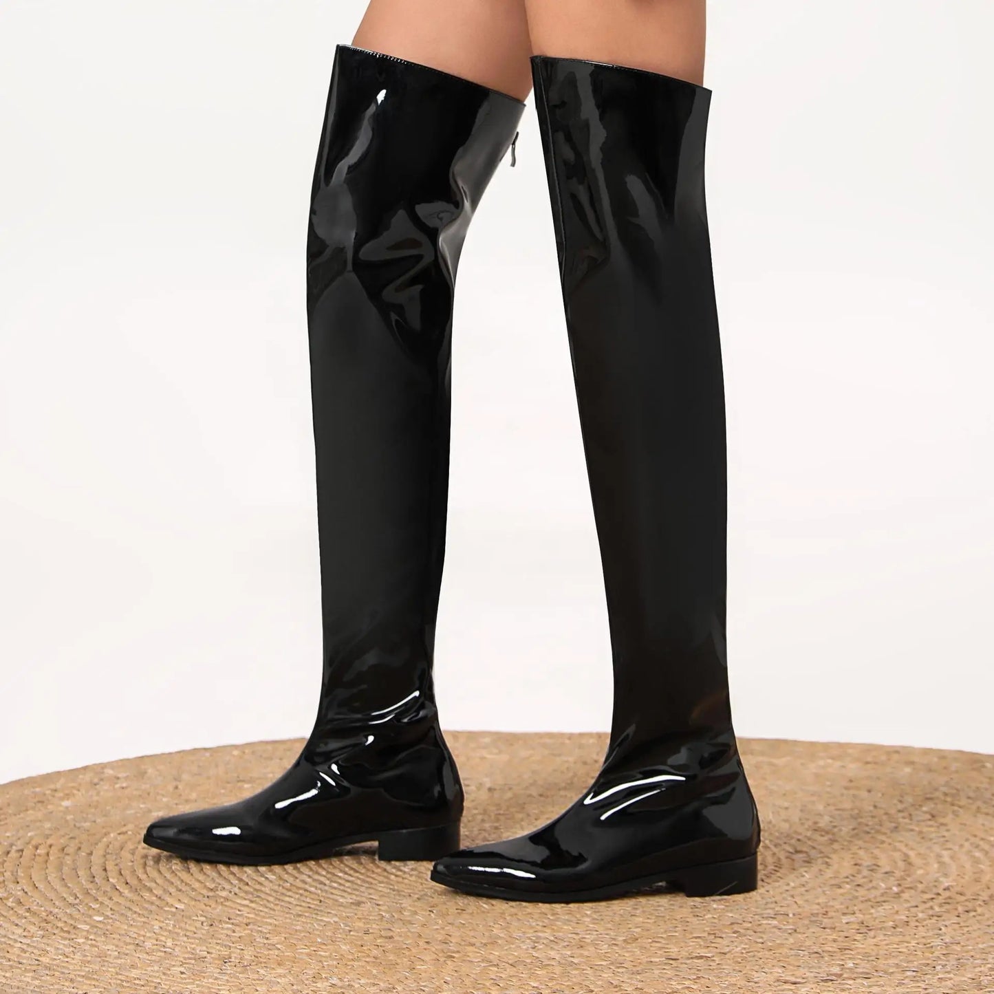 Women's Black Patent Leather Over The Knee Boots Fashionable Square Block Heel Boots with Sleek Fitted Design Glamorous Footwear