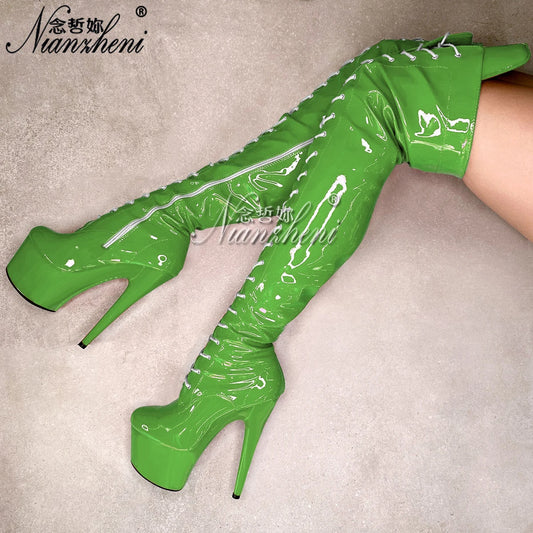 7inch High Heels crossdresser shoes 17cm over the Knee Bootsg Platform Pole Dance Exotic Stripper blue Lighter New Style women