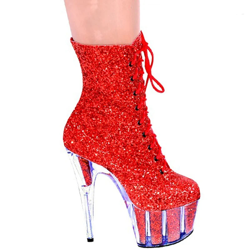 6inch High Heels Ankle Boots tacos to dance bling Lace Up 15cm Platform Pole Dance Cross dressing Exotic shoes Stripper Silver