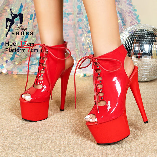 Peep Toe Platform Ankle Boots – 17cm High Heel Lace-Up Heels