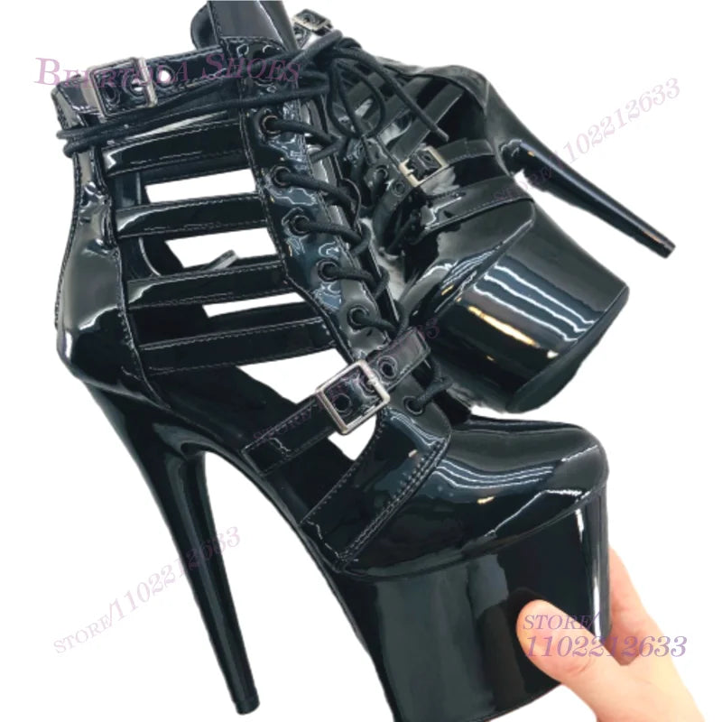 Pink Patent Leather Striped Hollow Mesh Sandals Girls Cute Light Color 20Cm Dance Heels Black Platform Stiletto Lace Zipper Shoe