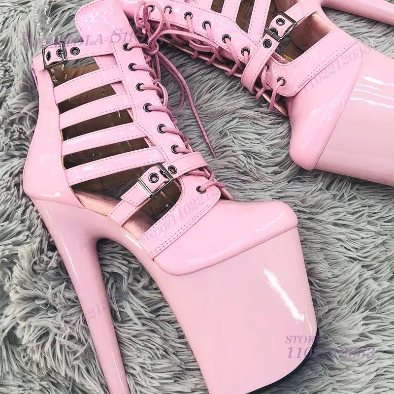 Pink Patent Leather Striped Hollow Mesh Sandals Girls Cute Light Color 20Cm Dance Heels Black Platform Stiletto Lace Zipper Shoe