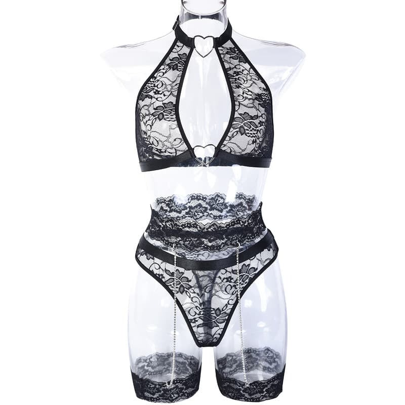 Black Chain Lace Fashion Girl Sexy Lingerie Set