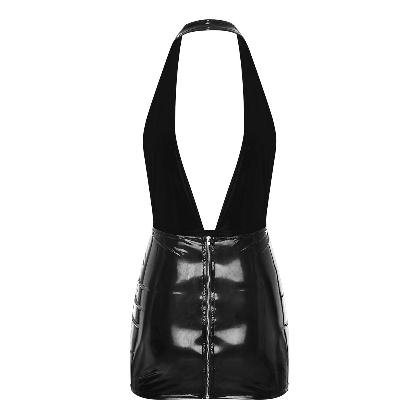 Women Sexy Deep V Backless Dress Wet Look Patent Leather Bodycon Minidress Nightclub Pole Dancing Costume Clubwear Nightwear