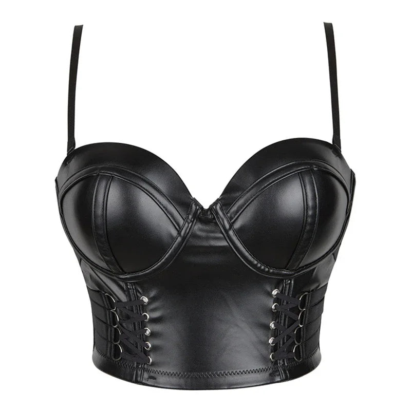 Women Corset Crop Top Gothic Black Leopard Faux Leather Push Up