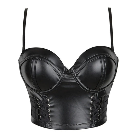 Women Corset Crop Top Gothic Black Leopard Faux Leather Push Up