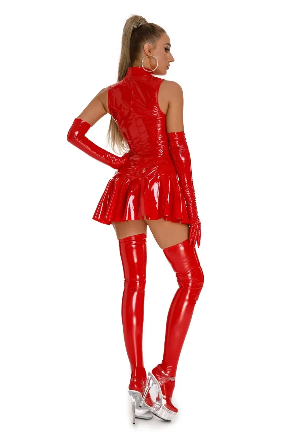 Sexy Glossy Faux Leather Dress Club Party Short Dress Solid Black Red Wet Look Latex Bodycon Pleated Mini Dress
