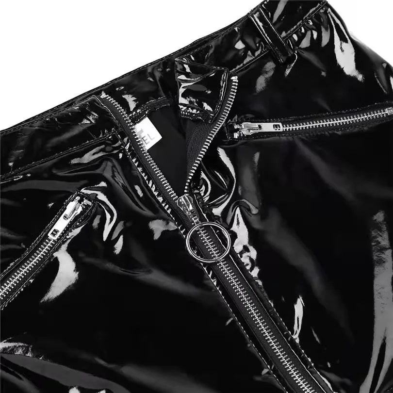 S-4XL Black/Red Women's Wet Look Sexy Zipper PVC Leather Mini Skirts Sexy Night Club Party Clubwear Ladies Latex Erotic Skirts