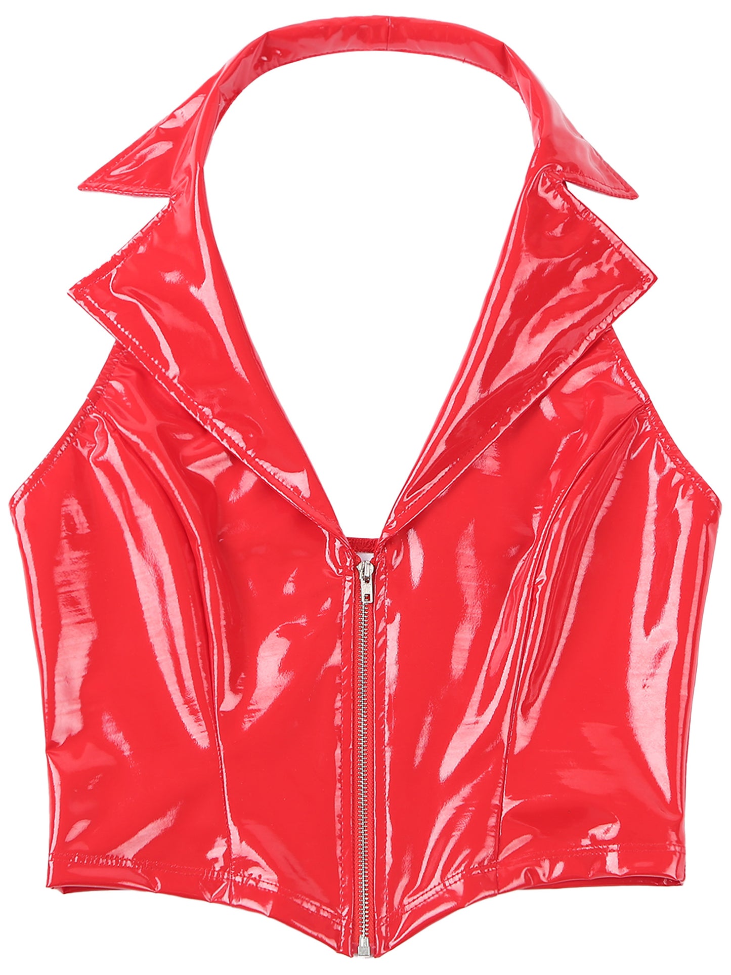 Womens Wet Look Leather Deep V Neck Halter Backless Crop Tank Tops Sexy Camisole Vest for Club Party Festival Raves Clubwear