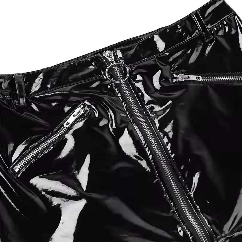 Women Erotic Wetlook Latex Mini Skirts Nightclub Costume Femme Skirts Faux Leather Zipper Bodycon Sexy Mini Skirt Party Clubwear
