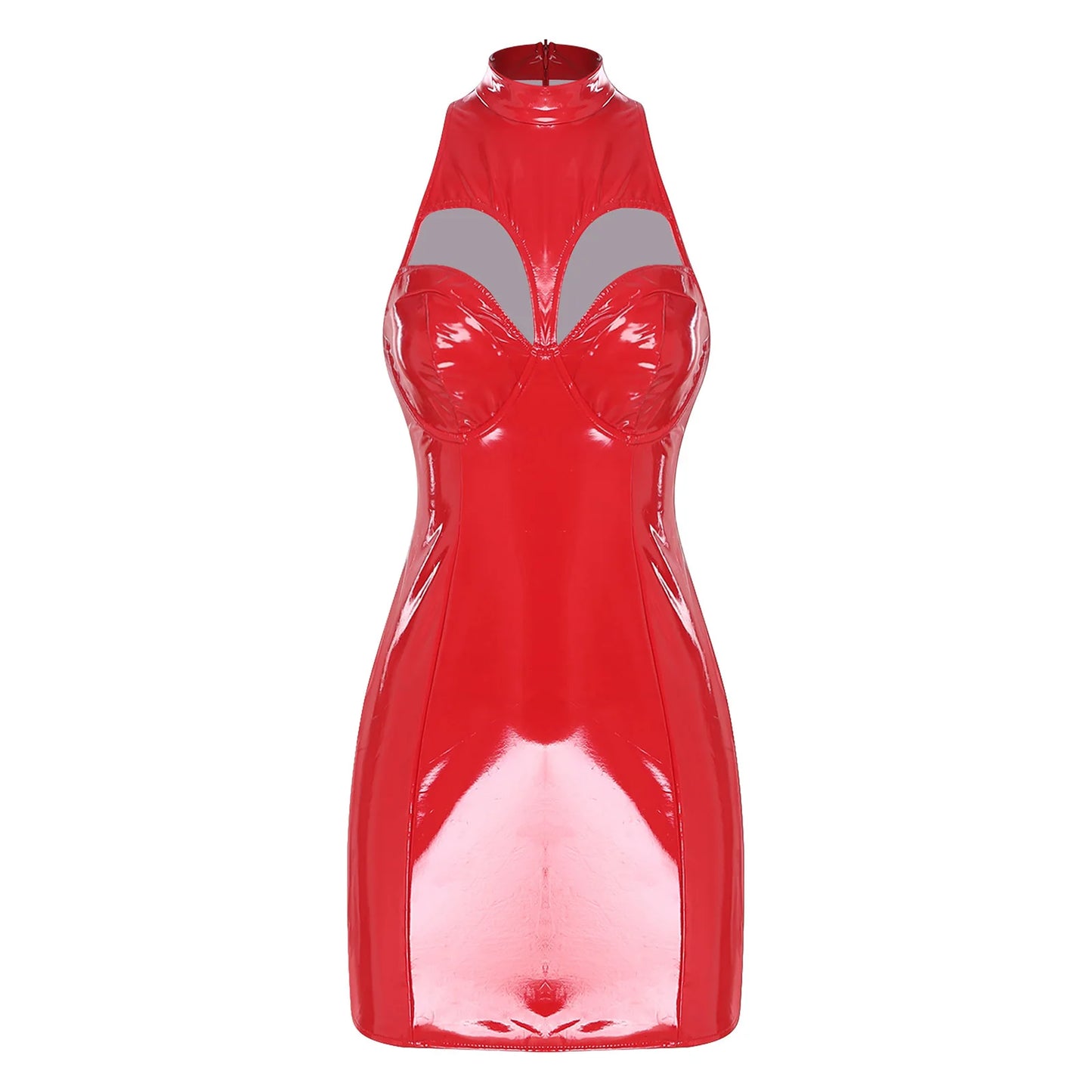 Wet Look Women PU Leather Mock Neck Bodycon Dress Sexy Sleeveless Hollow-out Push-up Bra Minidress for Raves Clubwear Party