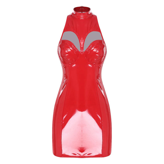 Wet Look Women PU Leather Mock Neck Bodycon Dress Sexy Sleeveless Hollow-out Push-up Bra Minidress for Raves Clubwear Party