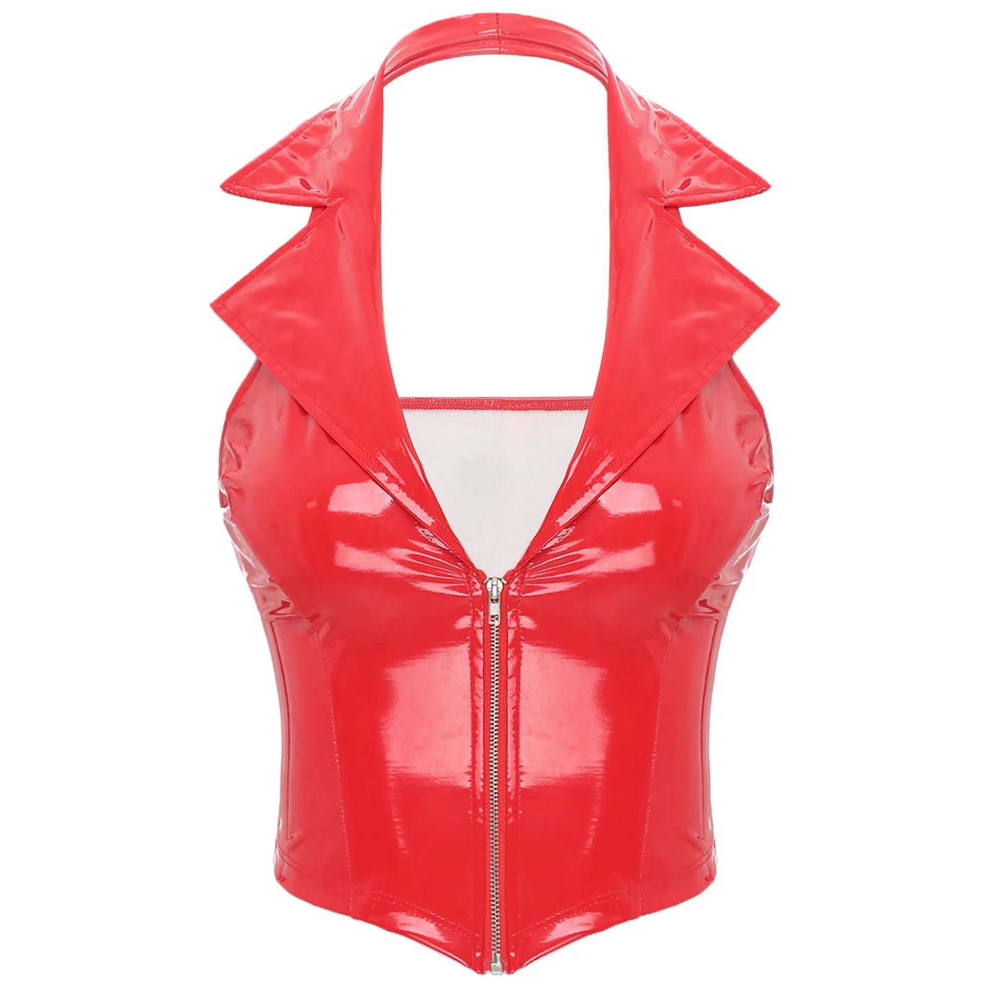 Womens Wet Look Leather Deep V Neck Halter Backless Crop Tank Tops Sexy Camisole Vest for Club Party Festival Raves Clubwear