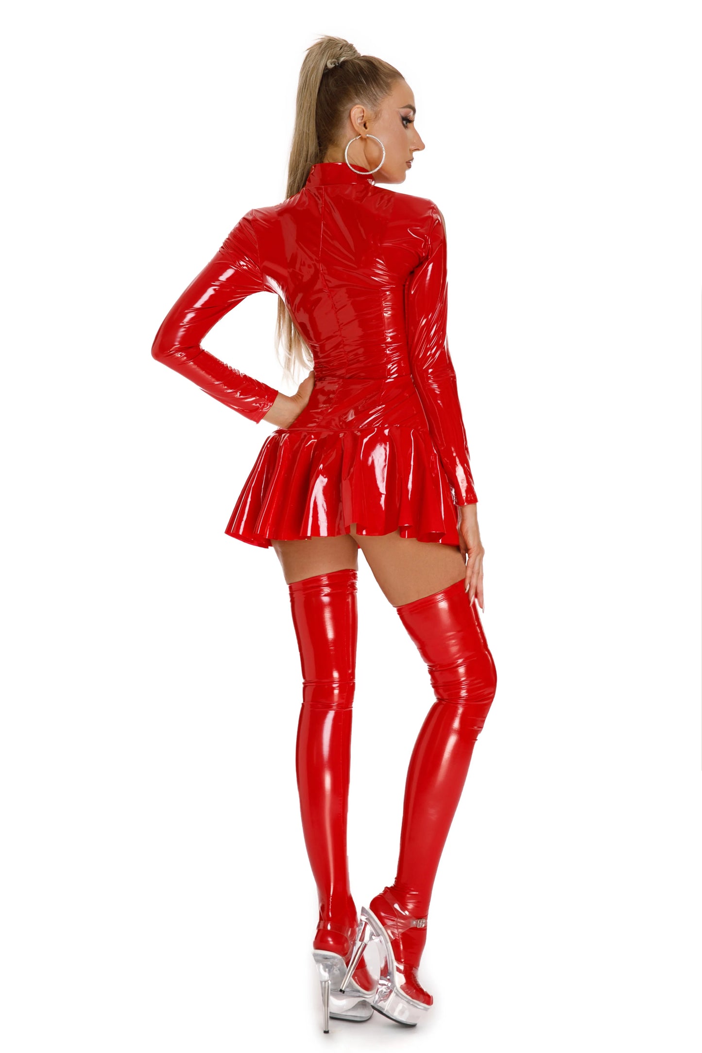Sexy Glossy Faux Leather Dress Club Party Short Dress Solid Black Red Wet Look Latex Bodycon Pleated Mini Dress
