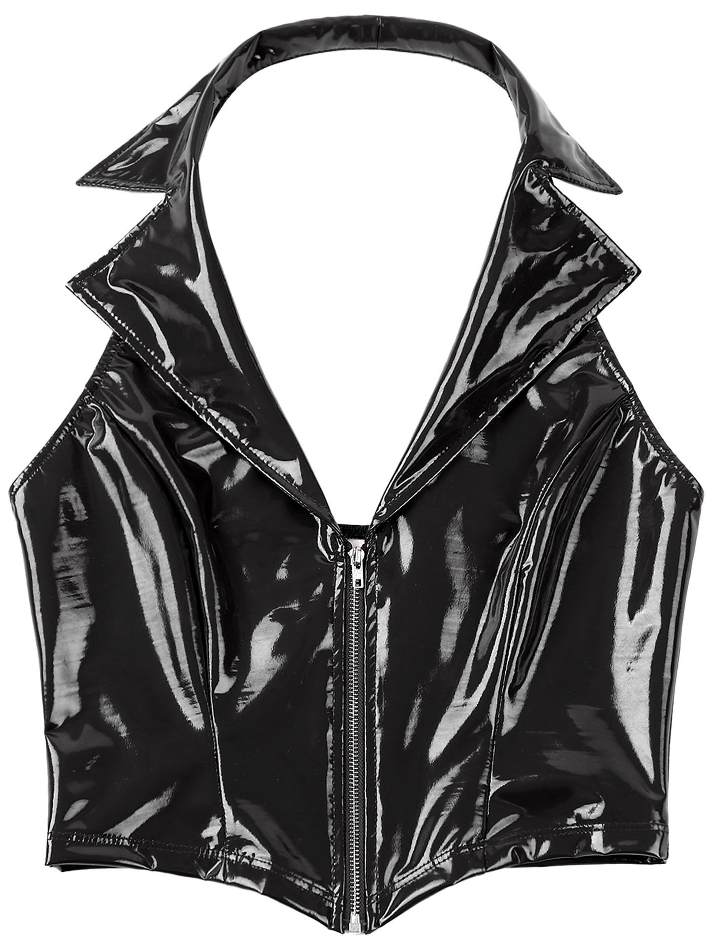 Womens Wet Look Leather Deep V Neck Halter Backless Crop Tank Tops Sexy Camisole Vest for Club Party Festival Raves Clubwear