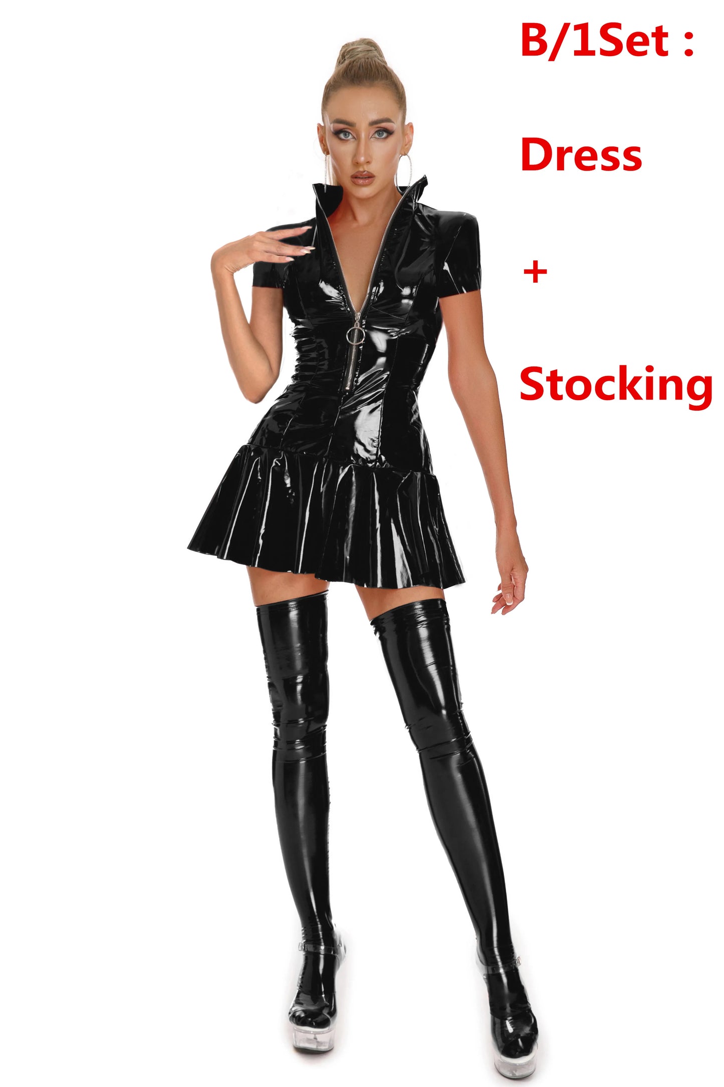 Sexy Glossy Faux Leather Dress Club Party Short Dress Solid Black Red Wet Look Latex Bodycon Pleated Mini Dress