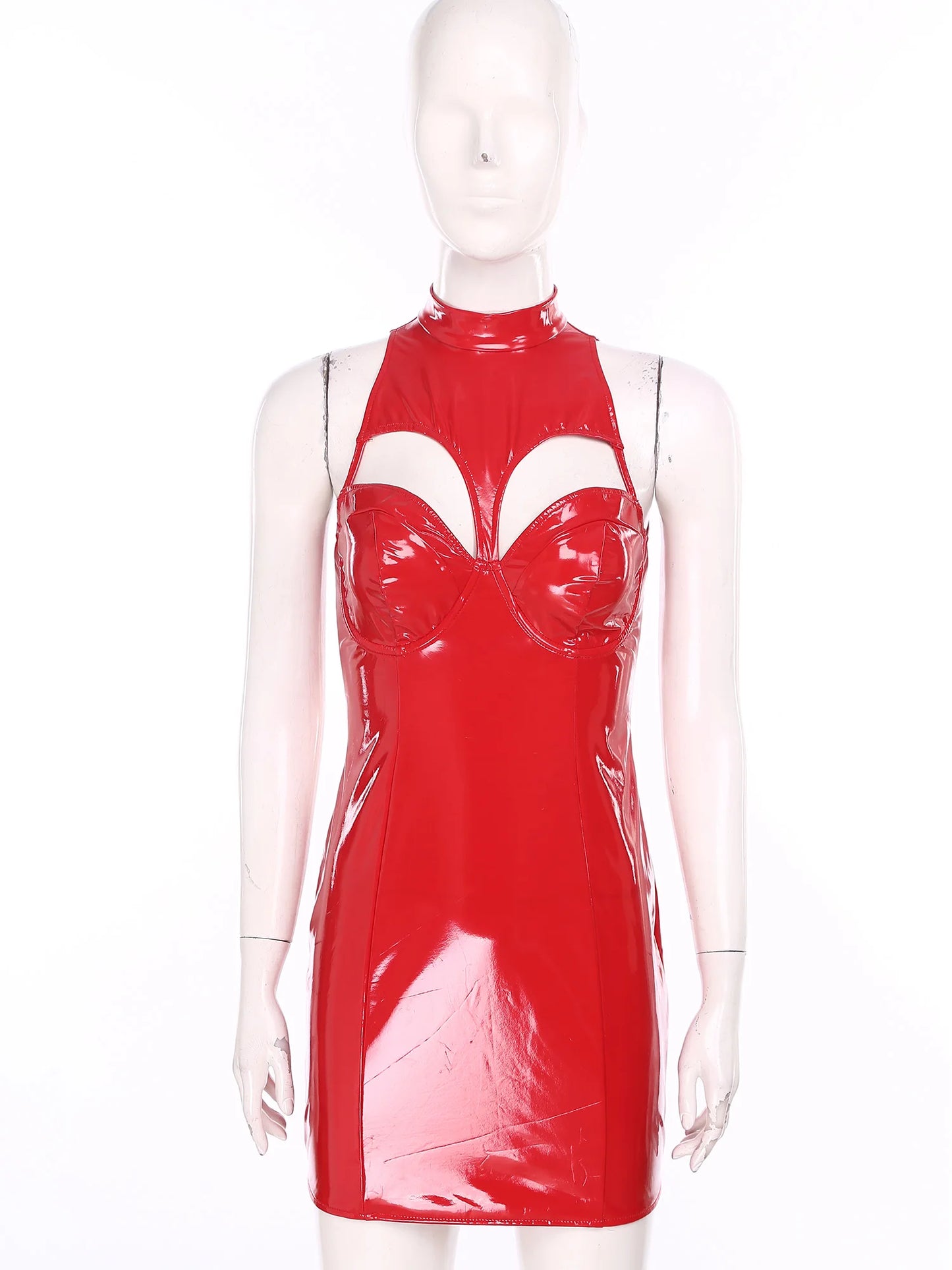 Wet Look Women PU Leather Mock Neck Bodycon Dress Sexy Sleeveless Hollow-out Push-up Bra Minidress for Raves Clubwear Party