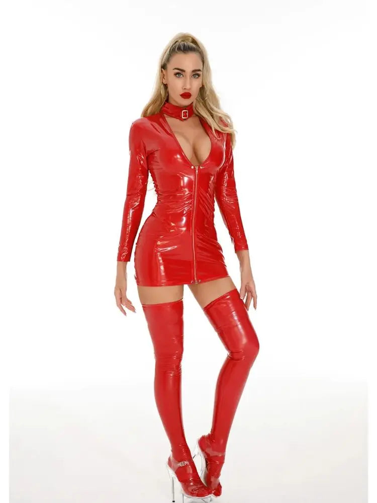 Deep V-neck Wet Look PVC Dress Shiny PU Leather Dresses Zipper Vestido Tights Package Hip Minifalda Sexy Clubwear Robe Faldas