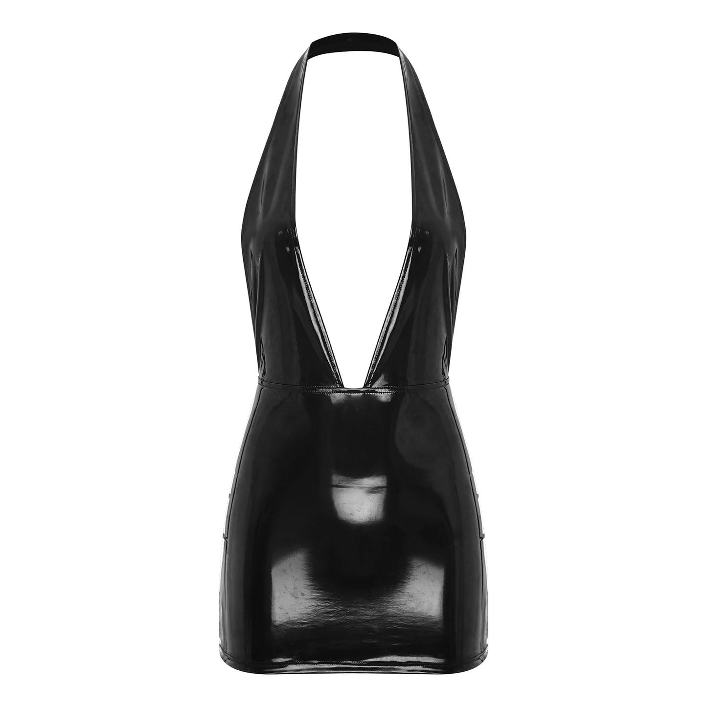 Womens Halter Plunging V Neck Backless Sexy Bodycon Dress Wet Look Patent Leather Bodycon Mini Dress Disco Rave Party Clubwear