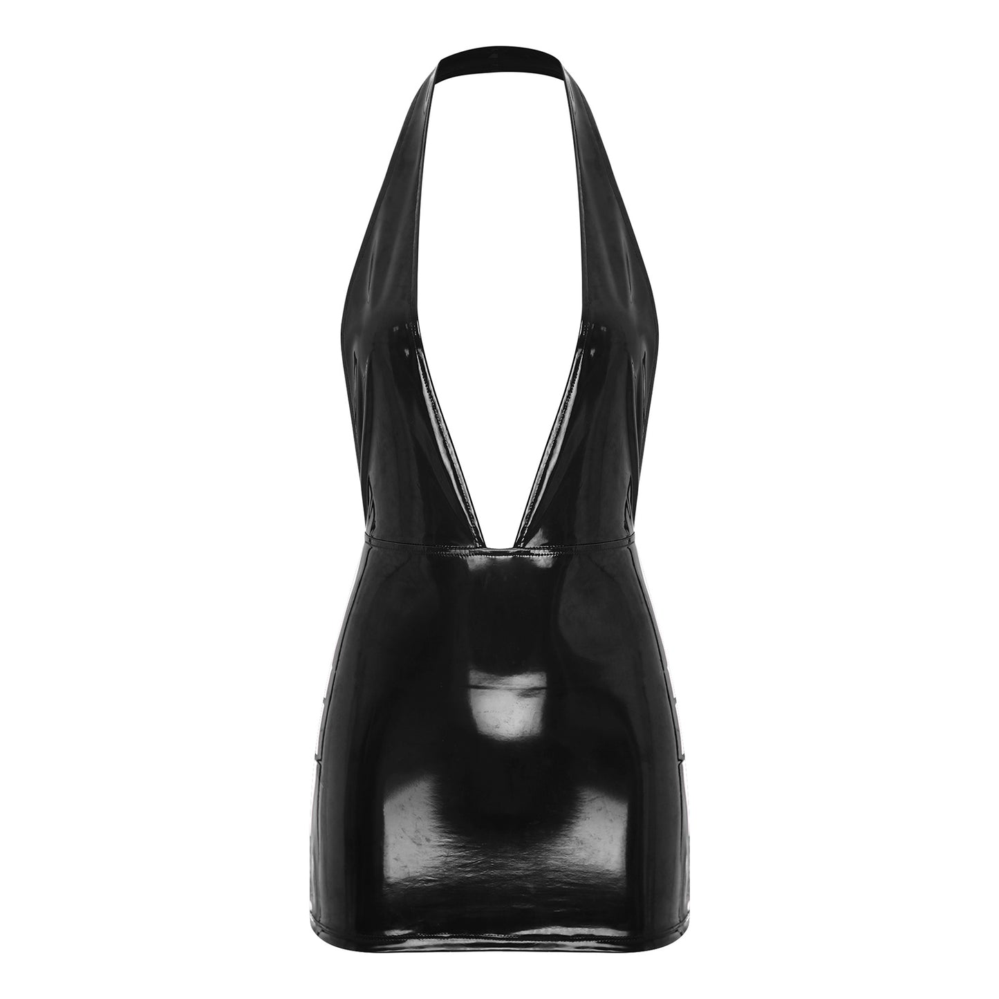 Women Sexy Deep V Backless Dress Wet Look Patent Leather Bodycon Minidress Nightclub Pole Dancing Costume Clubwear Nightwear