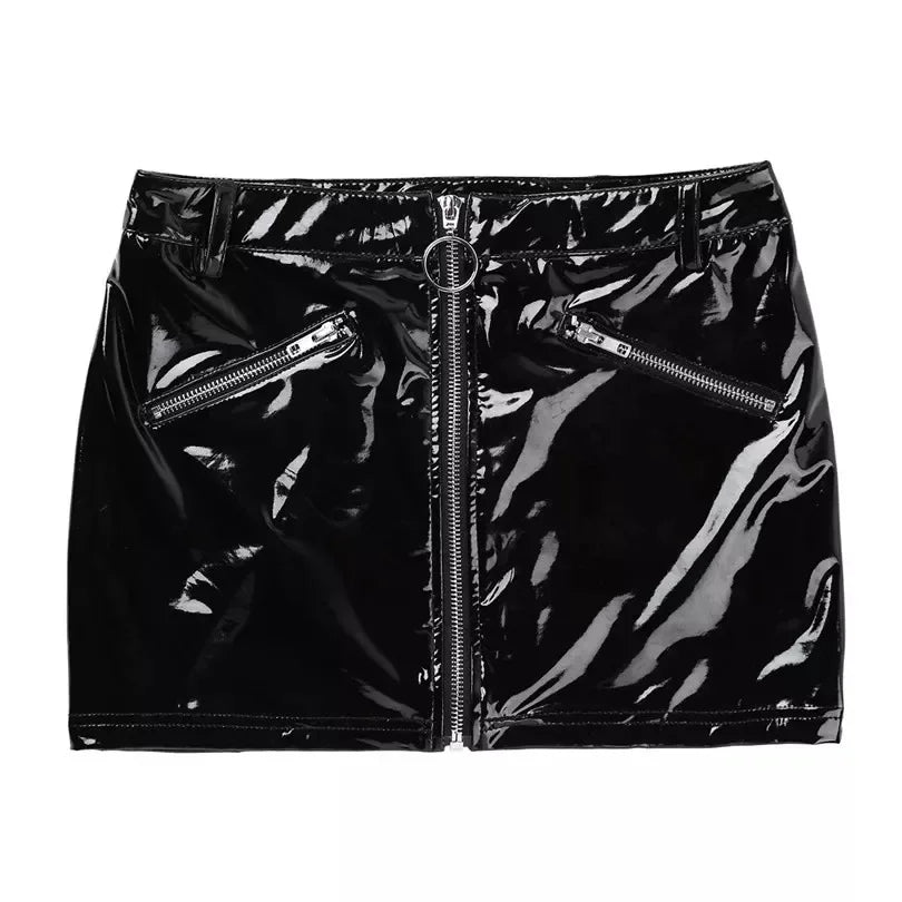 S-4XL Black/Red Women's Wet Look Sexy Zipper PVC Leather Mini Skirts Sexy Night Club Party Clubwear Ladies Latex Erotic Skirts