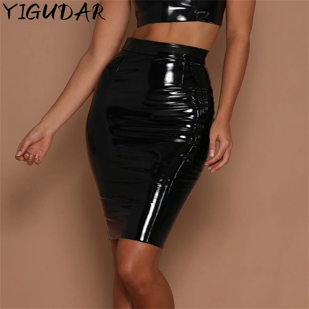 Latex Leather Mini Skirt Lady Office PVC Skinny Pencil Skirts Sexy High Waist Skirts Short Women Bodycon Clubwear Custom