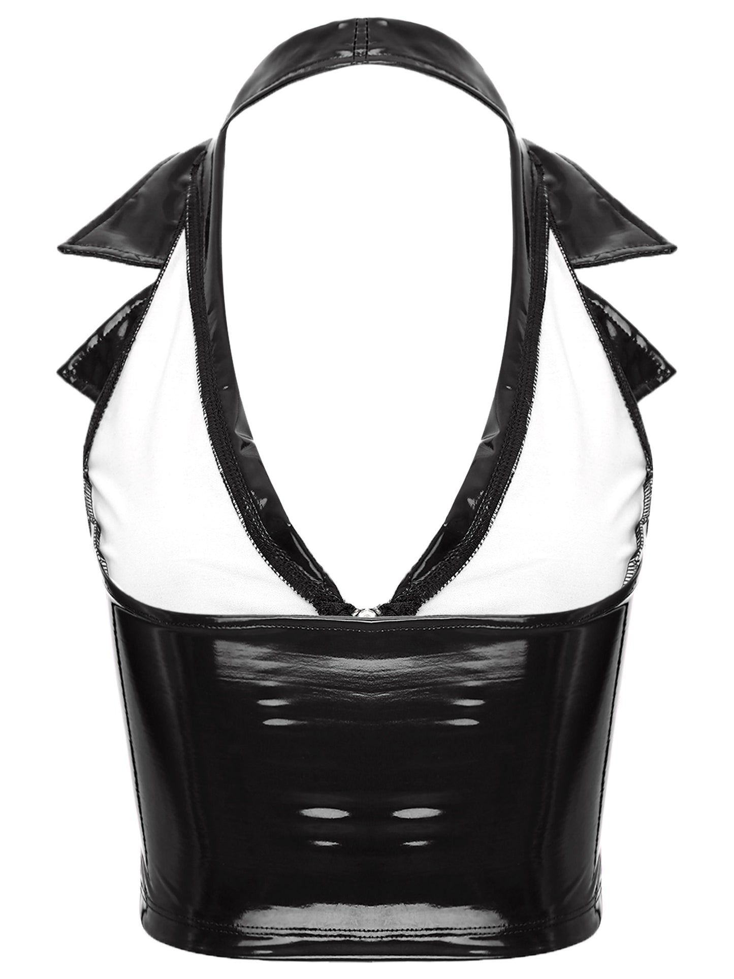 Womens Wet Look Leather Deep V Neck Halter Backless Crop Tank Tops Sexy Camisole Vest for Club Party Festival Raves Clubwear