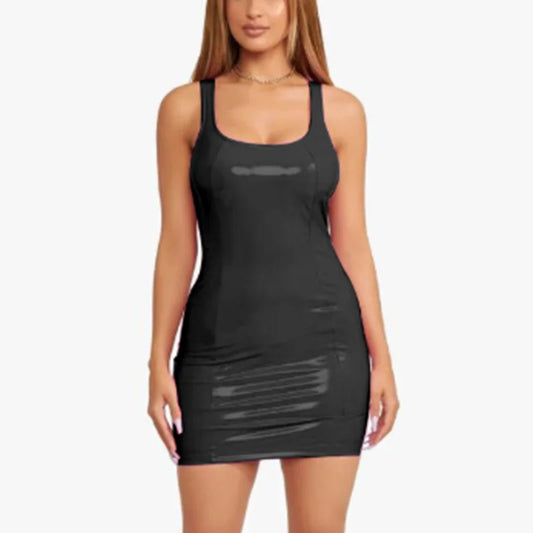 2025 Sexy Womens Sleeveless Latex Tank Dresses Patent Leather Wet Look Clubwear Costume Bodycon Yellow Black Mini Dresses