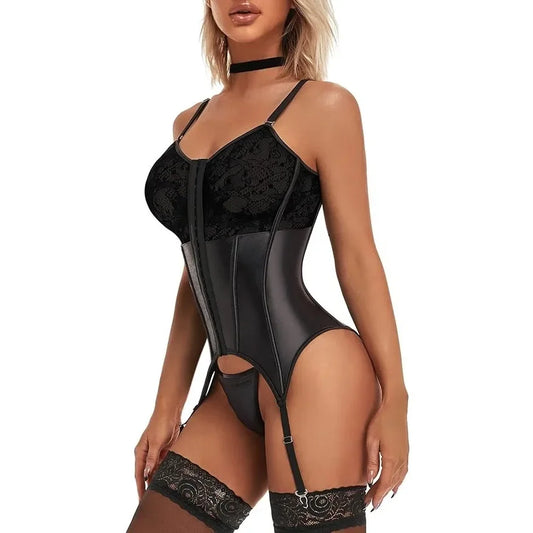 Women's Sexy Lace Lingerie Set with Garter Belt Bodysuit Teddy and Panty
